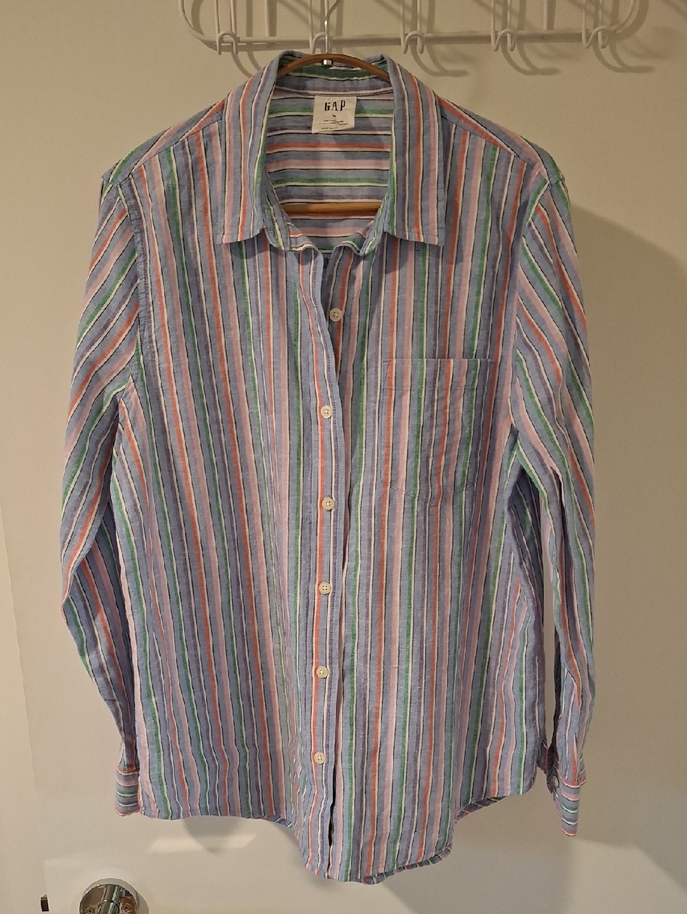 GAP Blue & Rainbow Stripe Linen & Cotton Relaxed Button-down Shirt (Size M)